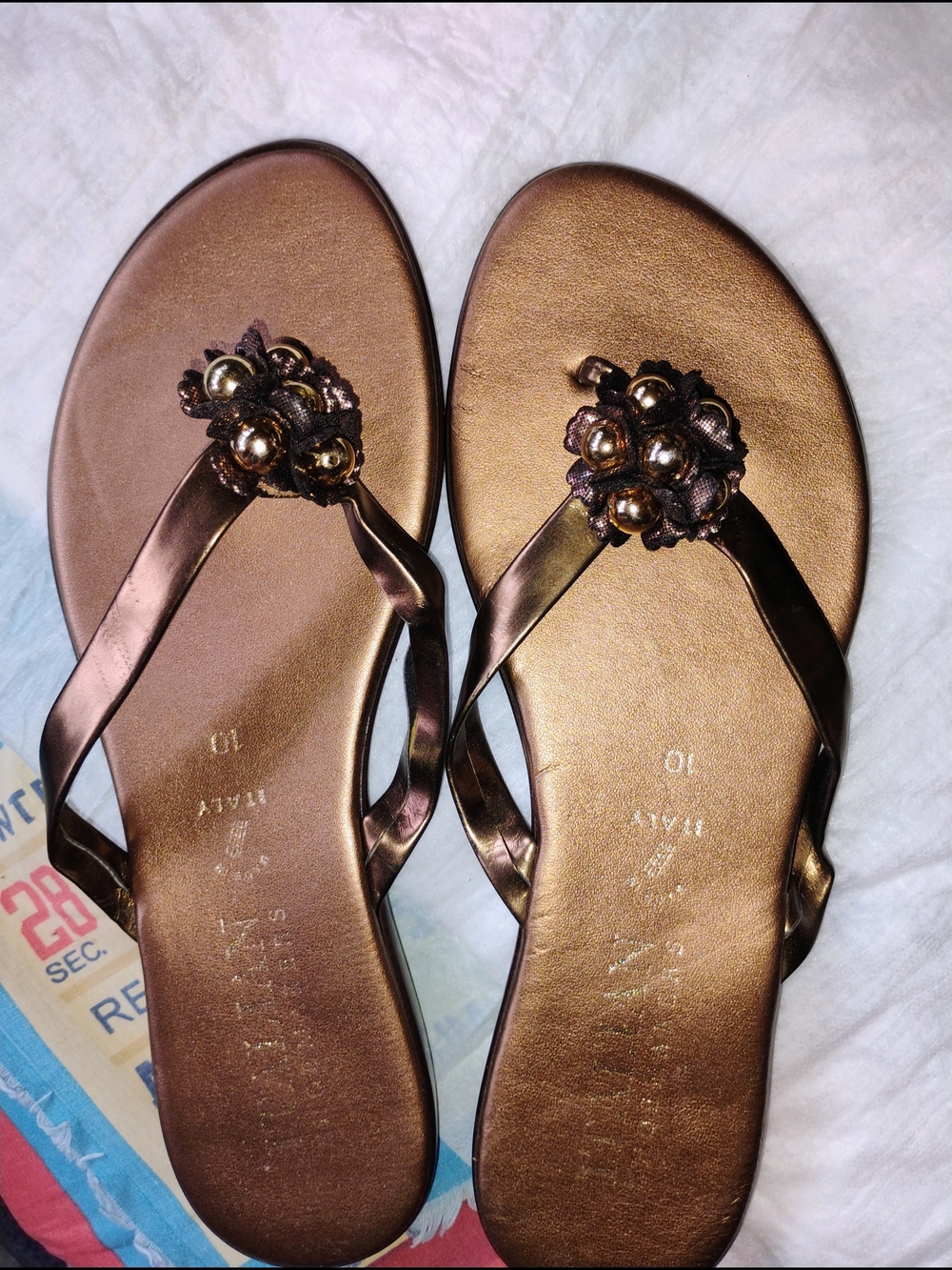 Italian Shoemakers Bronze Metallic Floral Bead Thong Sandals